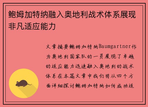 鲍姆加特纳融入奥地利战术体系展现非凡适应能力 鲍姆加特纳融入奥地利战术体系展现非凡适应能力